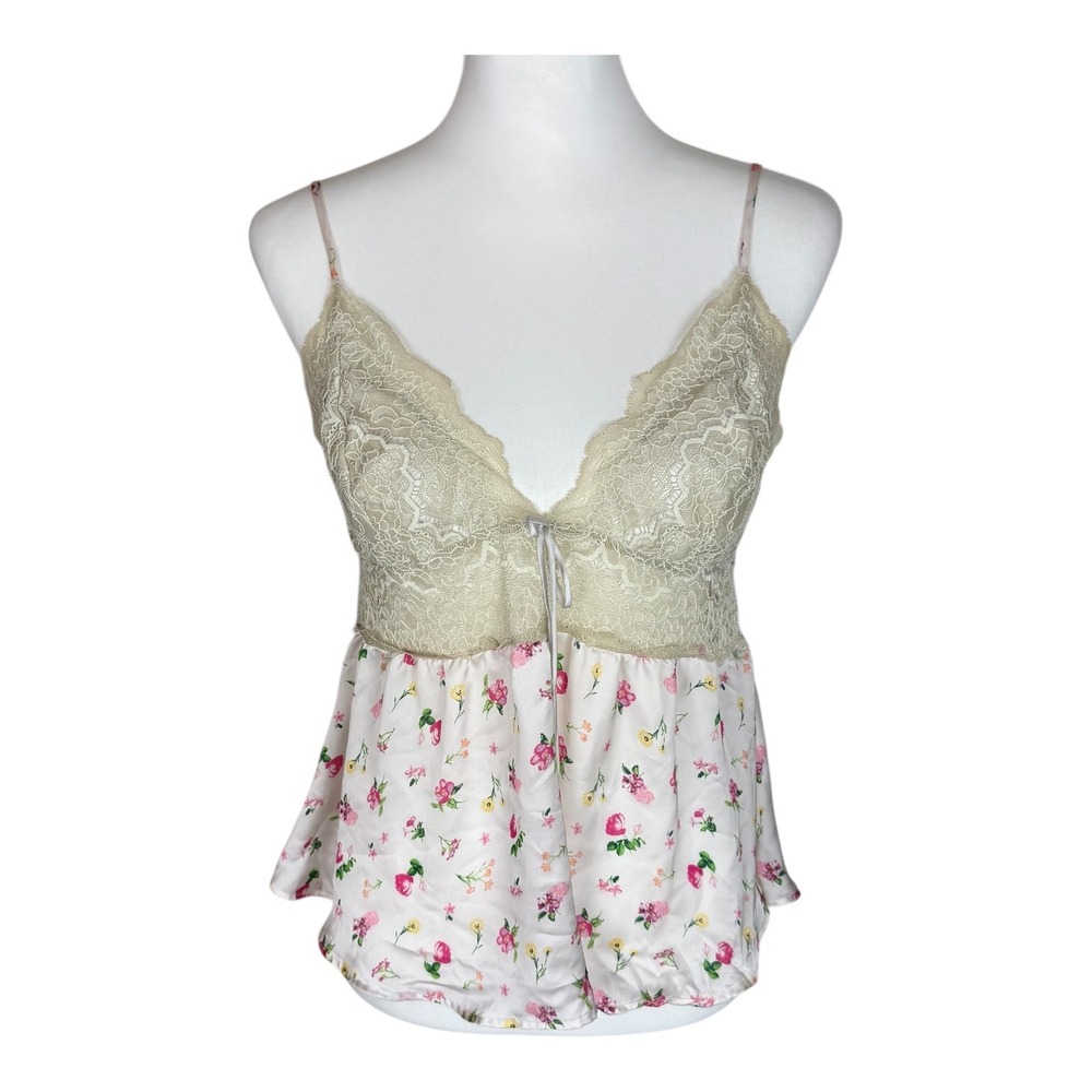Victoria's Secret Floral Satin Lace Camisole Top Pink Cream‎ Large Button Back